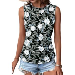 imageZeagoo Womens Ruched Tank Tops Summer Dressy Casual Crewneck Sleeveless Shirts SXXLBlack White Blue Flower