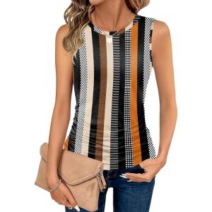 imageZeagoo Womens Ruched Tank Tops Summer Dressy Casual Crewneck Sleeveless Shirts SXXLBlack White Orange Khaki Stripe