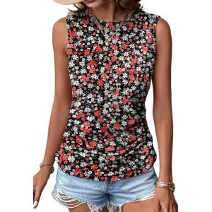 imageZeagoo Womens Ruched Tank Tops Summer Dressy Casual Crewneck Sleeveless Shirts SXXLBlack White Red Flower