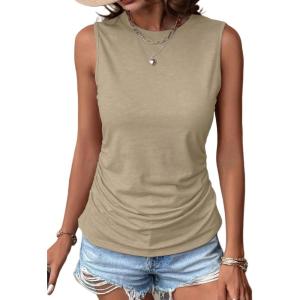 imageZeagoo Womens Ruched Tank Tops Summer Dressy Casual Crewneck Sleeveless Shirts SXXLKhaki