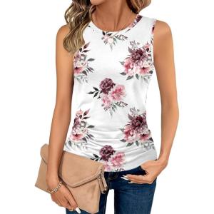 imageZeagoo Womens Ruched Tank Tops Summer Dressy Casual Crewneck Sleeveless Shirts SXXLPink Green Flower