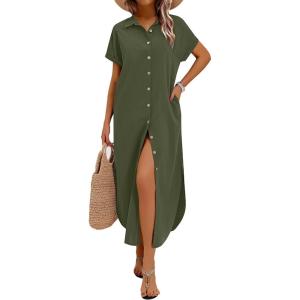 imageZeagoo Womens Summer Casual Short Sleeve Button Down Long Shirt Dresses Loose Swimsuit Beach Cover Ups with PocketsArmy Green