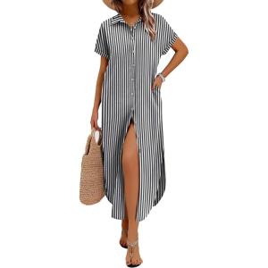 imageZeagoo Womens Summer Casual Short Sleeve Button Down Long Shirt Dresses Loose Swimsuit Beach Cover Ups with PocketsBlack Stripe
