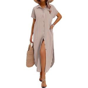 imageZeagoo Womens Summer Casual Short Sleeve Button Down Long Shirt Dresses Loose Swimsuit Beach Cover Ups with PocketsBrown Stripe