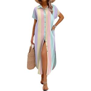 imageZeagoo Womens Summer Casual Short Sleeve Button Down Long Shirt Dresses Loose Swimsuit Beach Cover Ups with PocketsColor Stripe