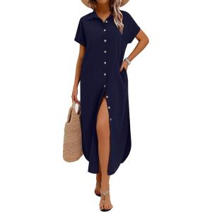 imageZeagoo Womens Summer Casual Short Sleeve Button Down Long Shirt Dresses Loose Swimsuit Beach Cover Ups with PocketsNavy Blue
