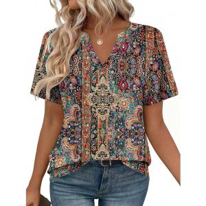 imageZeagoo Womens Tops Short Sleeve V Neck Tee Shirts Cute Dressy Casual Clothing Business Work BlouseBrown Bohemian Mz721