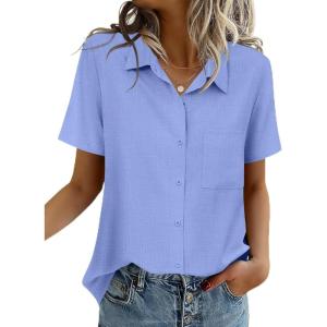 imageZeagoo Women Blouses Short Sleeve Button Down Shirts Business Casual Dressy Work Tops Summer Spring ClothesDark Blue