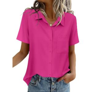 imageZeagoo Women Blouses Short Sleeve Button Down Shirts Business Casual Dressy Work Tops Summer Spring ClothesHot Pink
