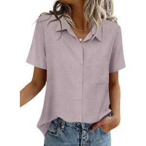 imageZeagoo Women Blouses Short Sleeve Button Down Shirts Business Casual Dressy Work Tops Summer Spring ClothesKhaki