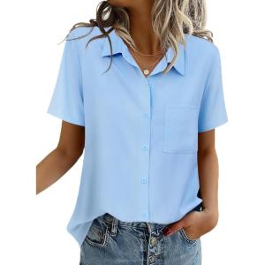 imageZeagoo Women Blouses Short Sleeve Button Down Shirts Business Casual Dressy Work Tops Summer Spring ClothesLight Blue