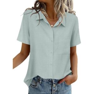 imageZeagoo Women Blouses Short Sleeve Button Down Shirts Business Casual Dressy Work Tops Summer Spring ClothesLight Green