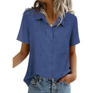 imageZeagoo Women Blouses Short Sleeve Button Down Shirts Business Casual Dressy Work Tops Summer Spring ClothesNavy Blue