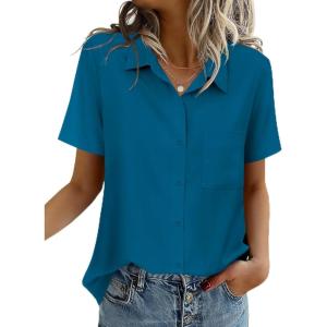 imageZeagoo Women Blouses Short Sleeve Button Down Shirts Business Casual Dressy Work Tops Summer Spring ClothesPeacock Blue