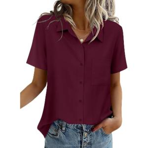 imageZeagoo Women Blouses Short Sleeve Button Down Shirts Business Casual Dressy Work Tops Summer Spring ClothesWine Red