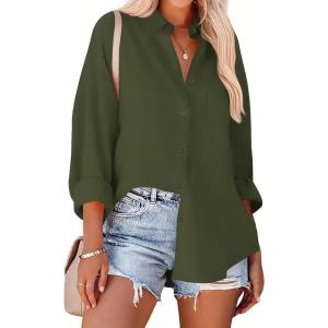 imageZeagoo Womens Button Down Shirts Oversized Long Sleeve Floral Printed Blouses Casual Work Tops Drop Shoulder Outfit ClothesZarmy Green