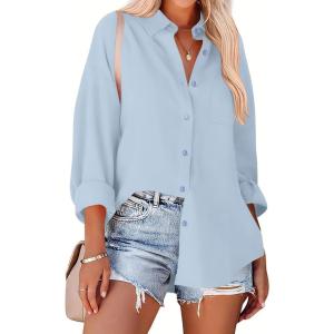 imageZeagoo Womens Button Down Shirts Oversized Long Sleeve Floral Printed Blouses Casual Work Tops Drop Shoulder Outfit ClothesZblue