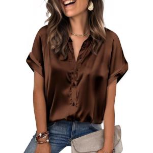 imageZeagoo Womens Satin Blouse Short Sleeve Silk Tops Button Down Shirts Business Casual OutfitsChocolate Brown