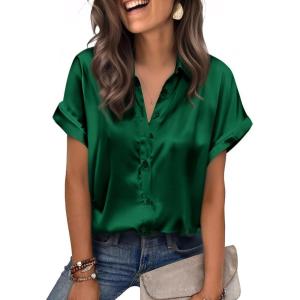 imageZeagoo Womens Satin Blouse Short Sleeve Silk Tops Button Down Shirts Business Casual OutfitsGreen