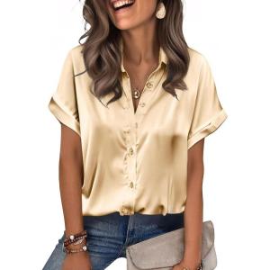 imageZeagoo Womens Satin Blouse Short Sleeve Silk Tops Button Down Shirts Business Casual OutfitsKhaki