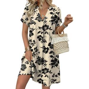 imageZEAGOO Summer Dresses for Women Short Sleeve Pettie Shift Dress V Neck Casual Mini Beach Vacation Boho Sundress with PocketsBeige Floral
