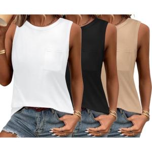 imageZeagoo Womens 3 Pack Tank Tops 2026 Loose Fit High Neck Summer Top Dressy Casual Sleeveless Shirts with Pocket3black white khaki