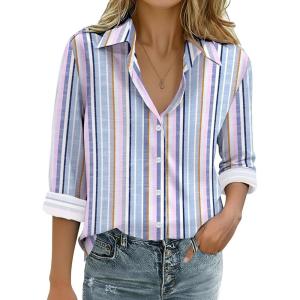 imageZeagoo Womens Cotton Linen Button Down Shirts Loose Fit Long Sleeve Collared Blouse Casual V Neck Tops Outfits S3XLTz267