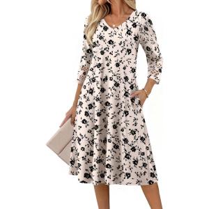 imageZeagoo Womens Dresses 34 Sleeve Summer Casual VNeck A Line Flowy Eyelet Midi Dress for Women Beach Vacation SundressSf239