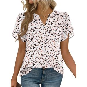 imageZeagoo Womens Dressy Casual Shirts Short Sleeve V Neck Work Blouse Business Casual Summer Chiffon TopsBeige Print