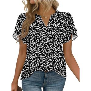 imageZeagoo Womens Dressy Casual Shirts Short Sleeve V Neck Work Blouse Business Casual Summer Chiffon TopsBlack Floral