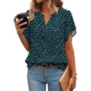 imageZeagoo Womens Dressy Casual Shirts Short Sleeve V Neck Work Blouse Business Casual Summer Chiffon TopsDark Green Floral