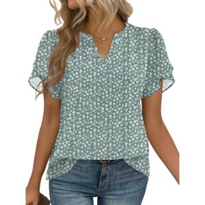imageZeagoo Womens Dressy Casual Shirts Short Sleeve V Neck Work Blouse Business Casual Summer Chiffon TopsGreen Floral