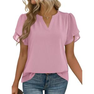 imageZeagoo Womens Dressy Casual Shirts Short Sleeve V Neck Work Blouse Business Casual Summer Chiffon TopsLight Pink