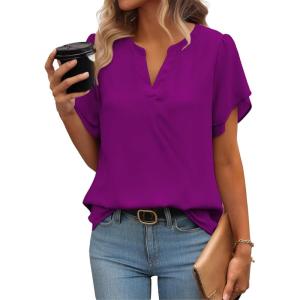 imageZeagoo Womens Dressy Casual Shirts Short Sleeve V Neck Work Blouse Business Casual Summer Chiffon TopsPurple