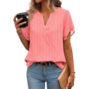 imageZeagoo Womens Dressy Casual Shirts Short Sleeve V Neck Work Blouse Business Casual Summer Chiffon TopsStripe