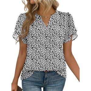 imageZeagoo Womens Dressy Casual Shirts Short Sleeve V Neck Work Blouse Business Casual Summer Chiffon TopsWhite Cheetah