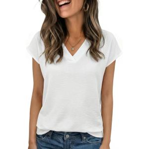 imageZeagoo Womens Tops Cap Short Sleeve Textured Blouse V Neck Summer Spring Shirts Business Casual OutfitsAwhite