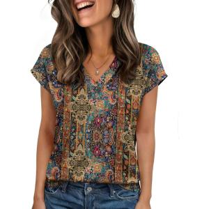imageZeagoo Womens Tops Cap Short Sleeve Textured Blouse V Neck Summer Spring Shirts Business Casual OutfitsMulticolor 721