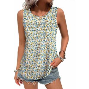 imageZeagoo Womens Tops Dressy Casual Summer Loose Fit Tank Tops Trendy Pleated Front Scoop Neck Sleeveless Tunic ShirtsFloral Blue Yellow