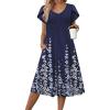 imageZeagoo Women Midi Dresses for Summer 2026 Short Sleeve Casual Flowy Dress A Line Pleated V Neck Beach Sundress with PocketsFlower Blue