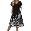 imageZeagoo Women Midi Dresses for Summer 2026 Short Sleeve Casual Flowy Dress A Line Pleated V Neck Beach Sundress with PocketsFlowers Black