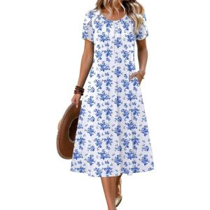 imageZEAGOO Womens Casual Summer Dress 2026 Petal Short Sleeve Dresses with Pleats Midi A Line Flowy Dress Boho SundressBlue Floral 01