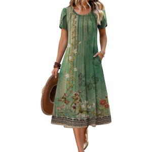 imageZEAGOO Womens Casual Summer Dress 2026 Petal Short Sleeve Dresses with Pleats Midi A Line Flowy Dress Boho SundressBoho Green Floral