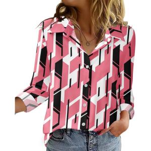 imageZeagoo Blouse for Women Dressy Long Sleeve Button Down Shirts Business Casual Outfit Lightweight SolidPrinted TopsGeometric Pink 603