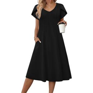 imageZeagoo Women Midi Dresses for Summer 2026 Short Sleeve Casual Flowy Dress A Line Pleated V Neck Beach Sundress with PocketsBlack