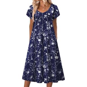 imageZeagoo Women Midi Dresses for Summer 2026 Short Sleeve Casual Flowy Dress A Line Pleated V Neck Beach Sundress with PocketsFloral Blue White