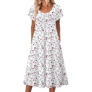 imageZeagoo Women Midi Dresses for Summer 2026 Short Sleeve Casual Flowy Dress A Line Pleated V Neck Beach Sundress with PocketsFloral White Red