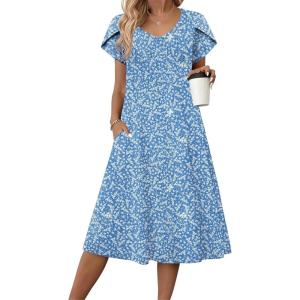 imageZeagoo Women Midi Dresses for Summer 2026 Short Sleeve Casual Flowy Dress A Line Pleated V Neck Beach Sundress with PocketsFlorallight Blue