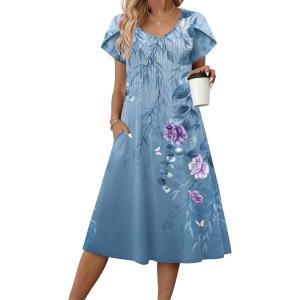 imageZeagoo Women Midi Dresses for Summer 2026 Short Sleeve Casual Flowy Dress A Line Pleated V Neck Beach Sundress with PocketsFlowersblue