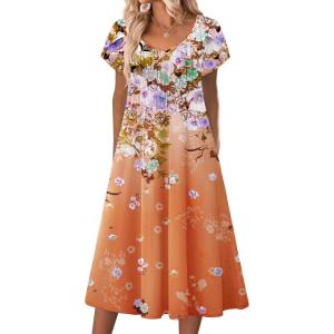 imageZeagoo Women Midi Dresses for Summer 2026 Short Sleeve Casual Flowy Dress A Line Pleated V Neck Beach Sundress with PocketsGradient Orange